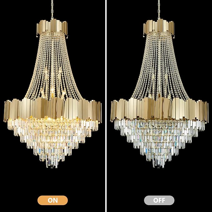 Large Gold Luxury Crystal Chandeliers, 27-Light Empire Crystal Chandelier Light Fixture Modern High Ceiling Hanging Chandelier for Foyer,Staircase,Front Entry,Entryway (D36''×H57)