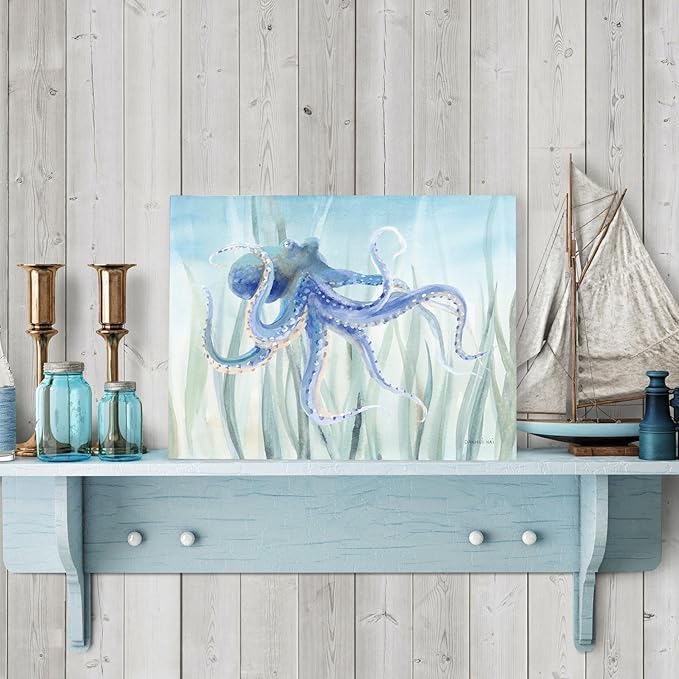 Ocean Wall Decor Under The Sea Blue Octopus Canvas Wall Art for Bathroom Coastal Decor for Home Nautical Prints for Bedroom Bathroom Livingroom16x12Inch