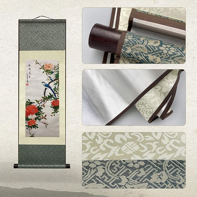 AtfArt Asian Wall Decor Beautiful Silk Scroll Painting Birds and Flowers - Bird Language Flower Fragrant Oriental Decor Chinese Art Wall Scroll Wall Hanging Painting Scroll (36.2 x 12 in)