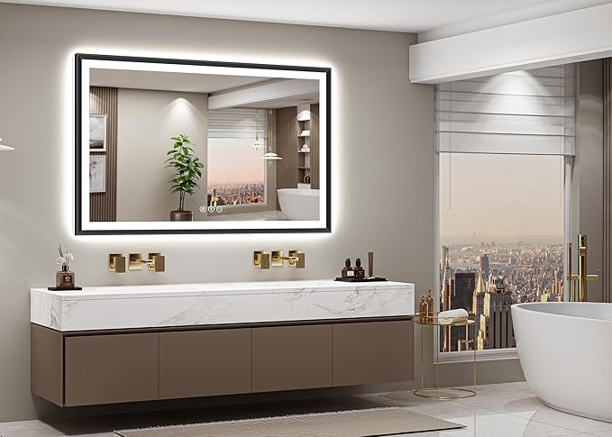 60x38 Black Framed Led Bathroom Mirror with Lights, Front Lit and Backlit, Lighted Vanity Mirror for Bathroom Wall, Anti-Fog, Dimmable, 3 Colors, Memory, HD Tempered Glass