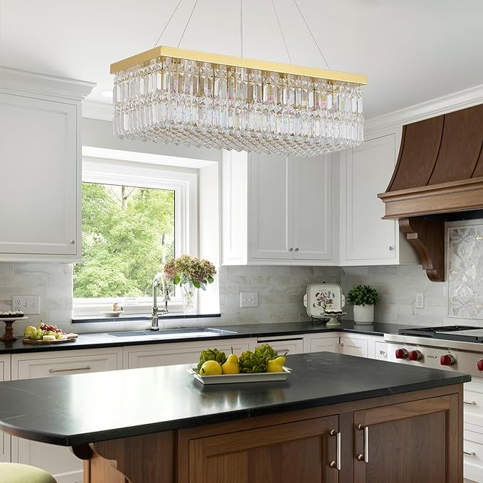 Luxury Gold Rectangular Crystal Chandelier 12-Light, 31.5" Modern K9 Raindrop Chandelier with Adjustable Chain, Dimmable Ceiling Light Fixture for Dining Room, Kitchen Island, Entryway 31.5"L x 10"W
