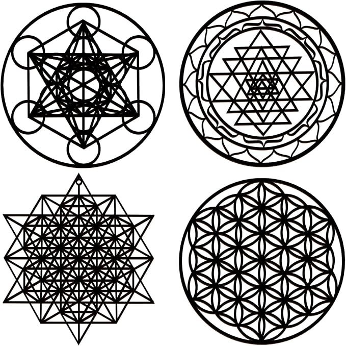 Leinuosen 4 Pcs 12 Inch Crystal Grid Board Sacred Geometric Wall Art Set Metatron Cube, Flower of Life, Sri Yantra, 64 Star Tetrahedron Pagan Decor Home Wall Decor for Room(Black)