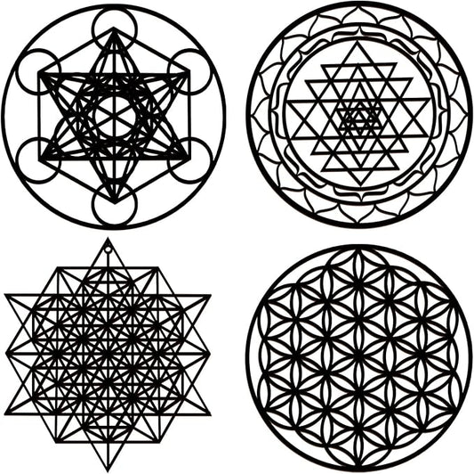 Leinuosen 4 Pcs 12 Inch Crystal Grid Board Sacred Geometric Wall Art Set Metatron Cube, Flower of Life, Sri Yantra, 64 Star Tetrahedron Pagan Decor Home Wall Decor for Room(Black)