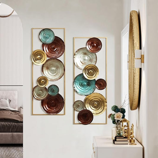 LuxenHome Metal Wall Art, Set of 2 Modern Multi-Color Gems Abstract Wall Decor Panels with Frame, 35" Hanging Sculptures Decor for Living Room, Metal Artwork Accent for Bedroom Dining Room Office