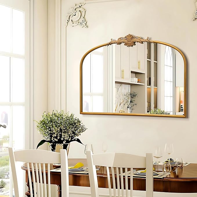Antique Arched Gold Mirror: 32"x24" Large Gleaming Gold Antique Wall Mounted Mirror - Baroque Traditional Ornate for Fireplace/Bathroom/Living Room - Home Decor for Housewife