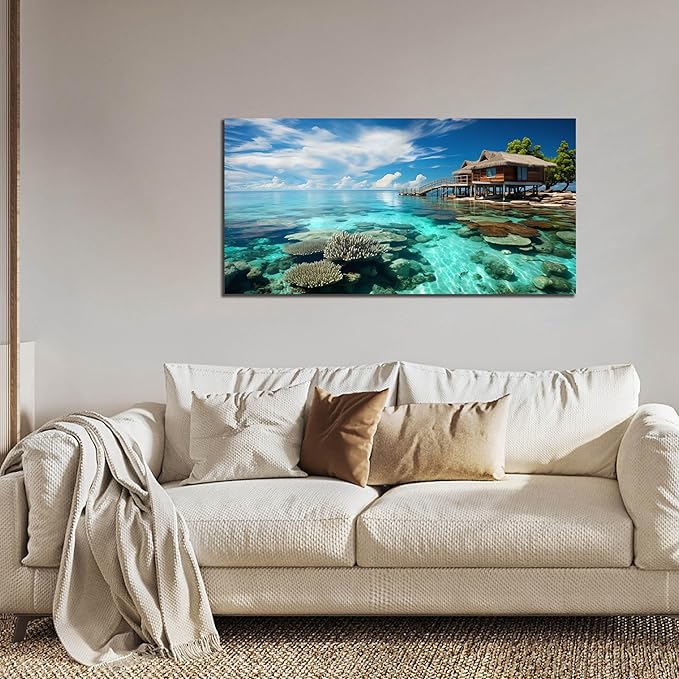 Ocean Scenic Canvas Wall Art, Blue Seascape Wall-Decor Picture , Ocean Scenery Canvas Decoration, Coastal Landscape Print Decorative Artwork for Home living Room Bedroom and Office, Size 40x20 Inches