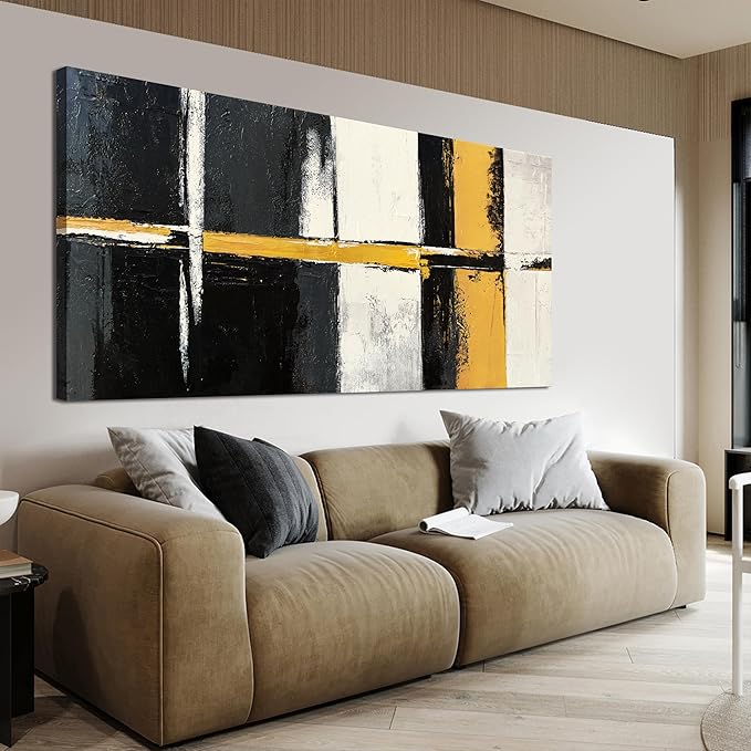 Canvas Wall Art Decor Large Wall Art Pictures for Living Room Black and White Wall Art Decor Abstract Art Work Modern Black Yellow Abstract Wall Art Prints For Bedroom Office Home Wall Decor 24"x48"