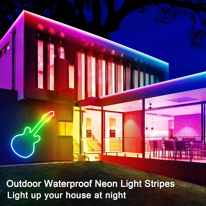 32.8ft 24V RGB LED neon Rope Lights LED neon Lights with Remote Control APP Control IP65 Waterproof Flexible Neon LED Strip Lights for Bedroom Room Outdoors Décor