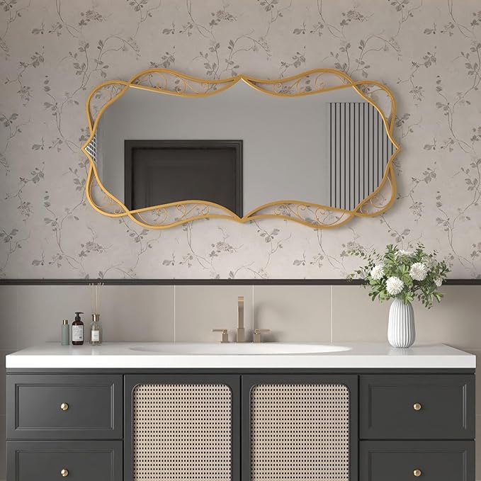 Bathroom Gold Wall Mirror: 24"x48" Antique Large Mirror for Wall - Vertical or Horizontal Hanging - Home Decor for Living Room/Entryway/Fireplace/Hallway