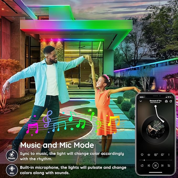 100ft Outdoor LED Strip Lights Waterproof,IP68 Outside Led Light Strips Waterproof with App and Remote,Music Sync RGB Exterior Led Rope Lights with Self Adhesive Back for Roof,Deck