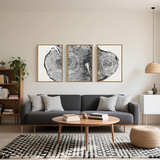 Large Vintage Tree Ring Framed Canvas Wall Art,Abstract Wood Stump Wall Decor,Neutral Annual Ring Artwork,Modern Black and White Art Print for Living Room,Bedroom,Office- 24"x36"x3