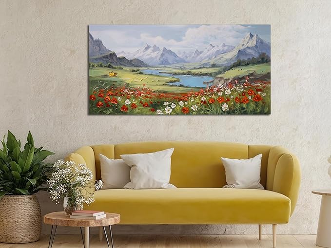 Arjun Landscape Wall Art Canvas for Living Room, Mountain Nature Painting Bedroom Large Textured Floral Scenery Picture Framed Artwork for Office Home Dining Room Hallway Wall Decor, 48"x24"