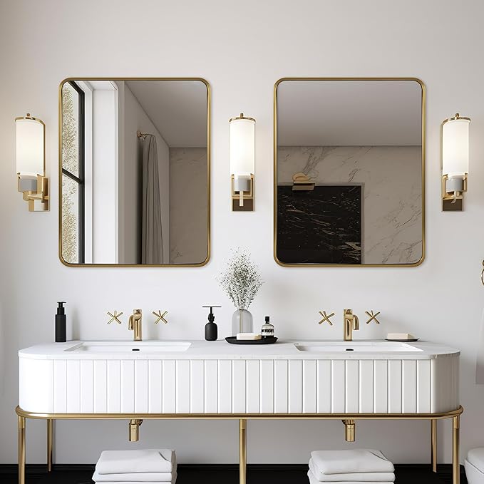 ANDY STAR 40x32 Inch Gold Bathroom Mirror, Brushed Gold Mirrors for Wall in Anti-Rust SUS304 Tube Metal Frame, Rounded Rectangle Mirrors 1’’ Deep Wall Mounted Vertically/Horizontal for Bathroom