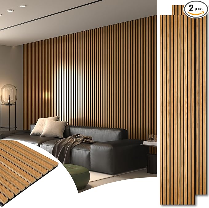 Art3d 2pcs-104 x 15.75in Slat Acoustic Panel for Wall and Ceiling, 3D Fluted Sound Absorbing Panel with Wood Finish, Teak