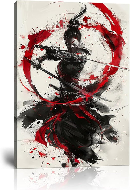 Japanese Female Samurai Wall Art Woman Fight Painting Canvas Prints Red Warrior Pictures Bushido Poster for Bedroom Classroom Dorm Living Room Aesthetic Decor Framed (24''W x 36''H)