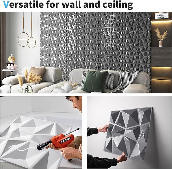 Art3d 3D Diamond Design Paneling for Interior Decor, Living Room, TV Wall Background, Bedroom, Gaming Setup, 11.8" x 11.8", Silver, 33 Pack