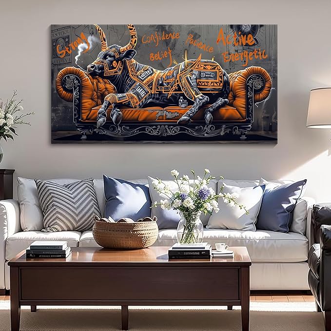 JEAWA Canvas Wall Art Decor - Large Creative Wall Art for Bedroom Living Room Bathroom, Modern Artwork Decor for Home Decoration, Strong Bull Color Graffiti, 29x58 IN