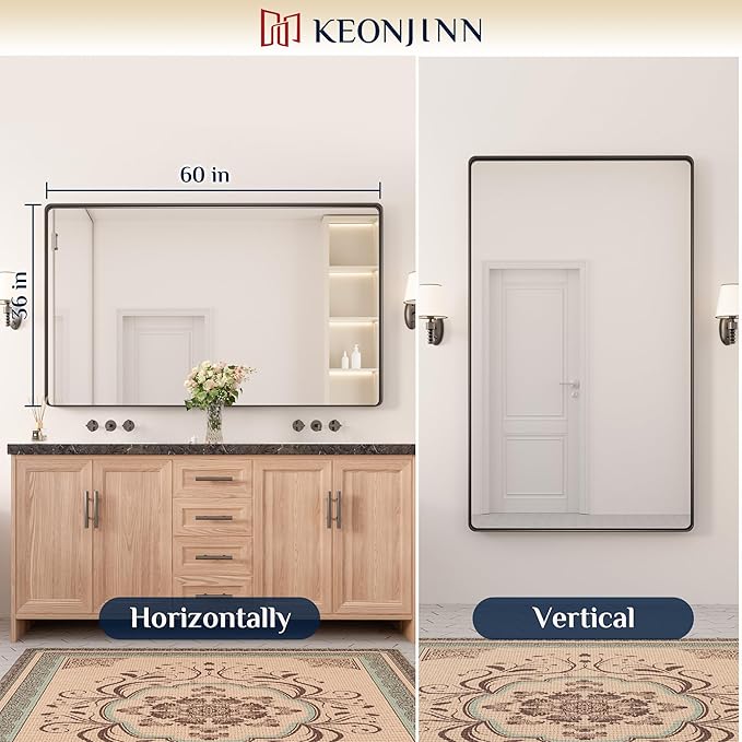 Keonjinn Black Bathroom Mirrors for Over Sink, 60” x 36” Large Matte Black Mirror for Wall, Rounded Rectangle Farmhouse Vanity Mirror, HD Tempered Glass Modern Decorative Mirror(Horizontal/Vertical)