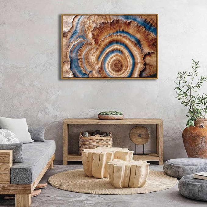 BingruiArt Large Framed Tree Ring Wall Art Wood Canvas Colorful Boho Wall Decor Rustic Artwork Abstract Painting Farmhouse Picture Nature Print for Living Room Bedroom Bathroom 24"x36" Natural Framed(10)