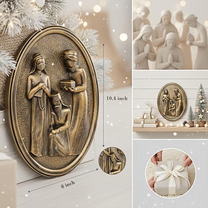 Antique Wall Decor Oval with 3D Three Wise Men for Holy Family, Framed Gold Vintage Wall Art Nativity Set Christian Christmas Decorations For Living Room Bedroom Hallway