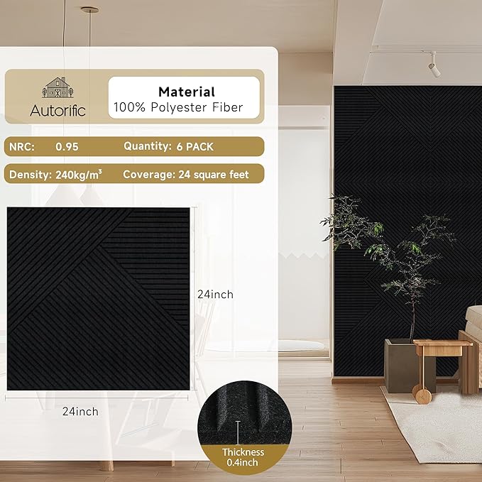 Acoustic Wall Panels,6 Pack Total Size 72 x 48 Inches,Self-Adhesive Decorative Acoustic Panels for Wall and ceiling,Black