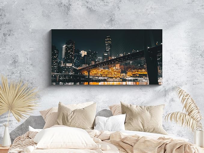 NAN Wind 1PCS Chongqing City Nightscape Canvas Wall Art Illuminated Chinese Skyline with Bridge Skyscrapers Modern Urban Landscape Photography Print for Living Room Office Bedroom Decor