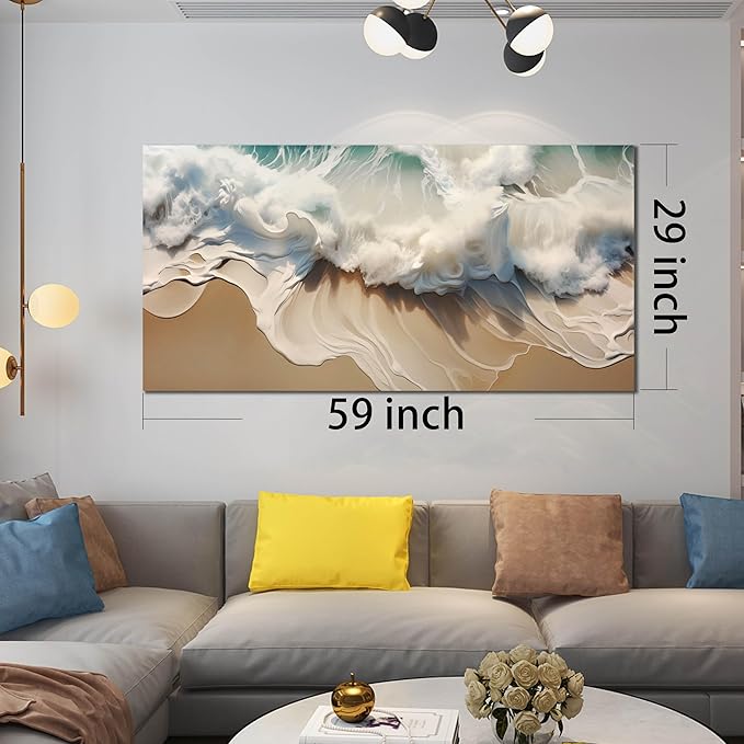 Ocean Waves Canvas Wall Art for Living Room, Beach Scenery View Home Decor Picture, Sea Waves Canvas Wall-Decoration, Modern Seaside Scene Decorative Print Artwork for Bedroom, Large Size 59x29 Inches