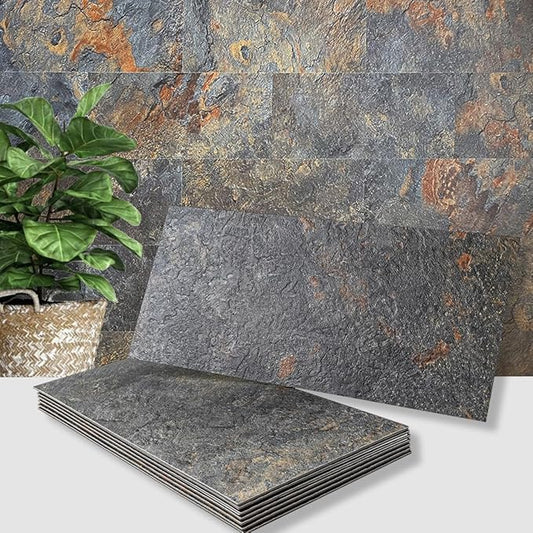 AULIGET 2-Piece Rust Slate Peel and Stick Backsplash Wall Tiles, 6" x 12" PVC Faux Stone Stick on Tiles for Backsplash Kitchen, Bathroom, Laundry Room, Camper, Fireplace