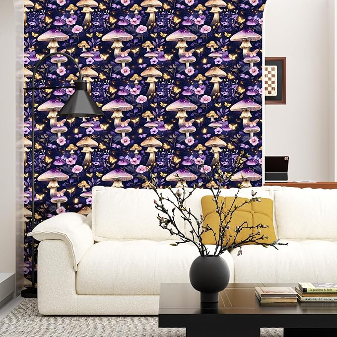Mushroom Wallpaper Boho Peel and Stick Wallpaper Purple Leaf Vintage Contact Paper Purple Floral Wall Paper Removable Wallcovering Self Adhesive for Cabinet Drawers Wall Decor 17.5''x118.1''