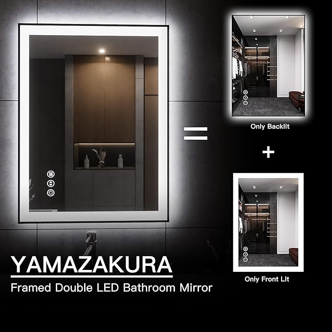 LED Bathroom Mirror 32x24 with Backlit and Front Lighted, Framed Dimmable Illuminated Mirror for Wall Anti-Fog Shatterproof (Horizontal/Vertical)…