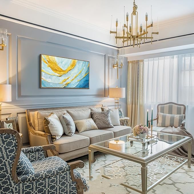 Nicetop Framed Abstract Wall Art for Living Room– Large Size Coastal Canvas Print Modern Picture Horizontal Blue and Gold Artwork with Wood Frame for Bedroom Home Office Aesthetic Decor 48x24 Inch