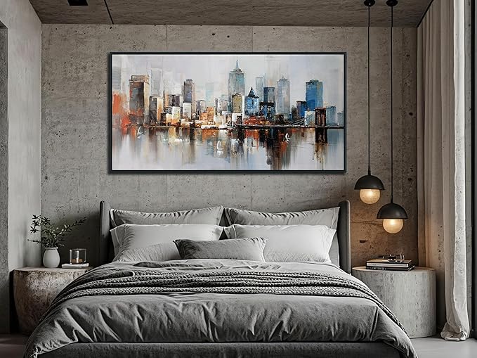 Arjun Brooklyn Bridge Wall Art Modern New York Abstract Canvas Cityscape Painting Colorful NYC Skyline Textured Picture for Living Room Bedroom Home Office Wall Decor, Large Black Wood Framed 48"x24"