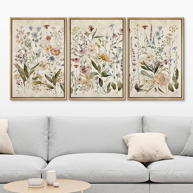 MUDECOR Framed Wall Art Print Set Blooming Wildflowers Illustrations Modern Art Decorative Colorful Chic for Living Room, Bedroom, Office - 24"x36"x3 Natural