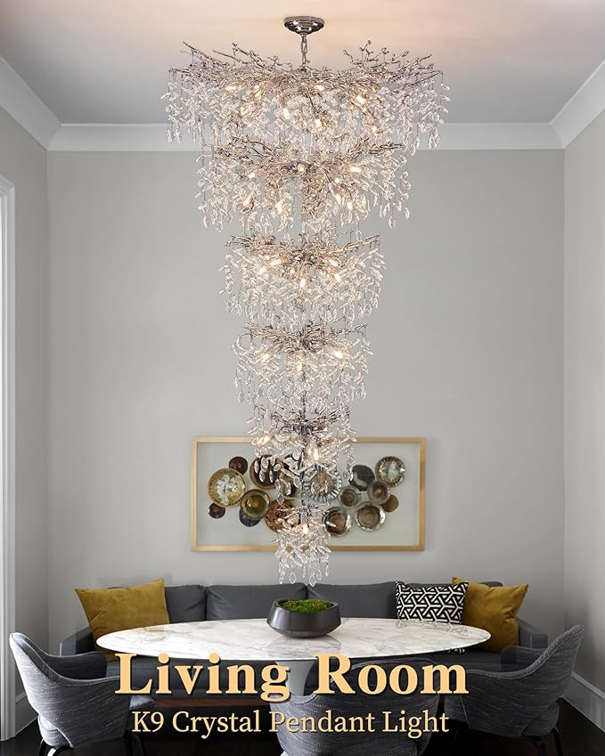 Luxury Silver 6-Tier Large Foyer Entrance Crystal Chandeliers Modern Long Staircase K9 Chandeliers for High Ceiling Big Crystal Chandelier(Height 75 Inch 43 Lights)