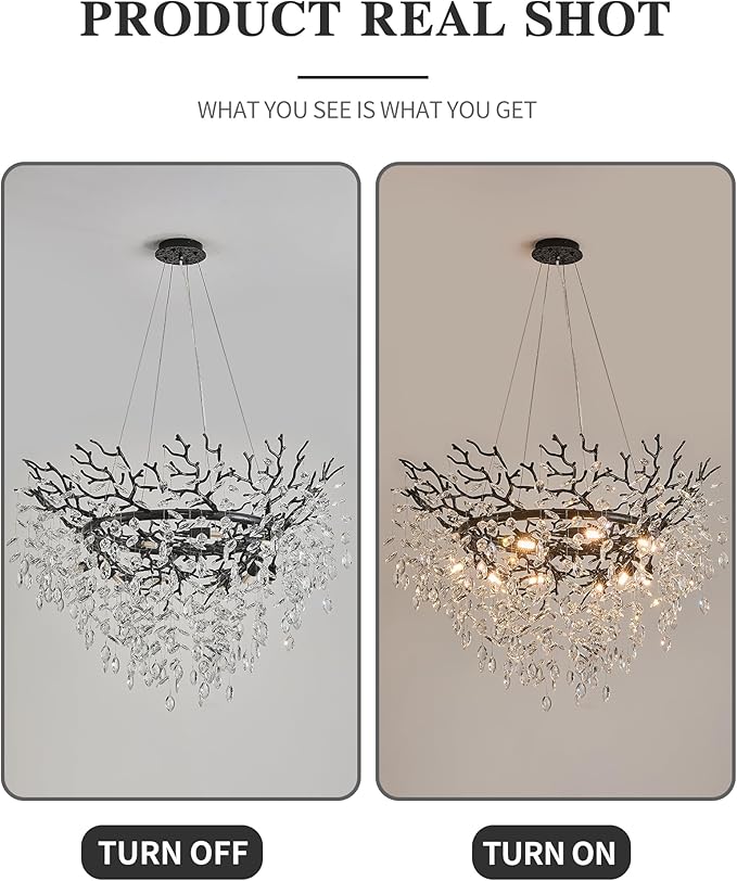 Modern Crystal Chandelier for Dining Room, 31.5" Black Tree Branch Chandeliers, 10-Light Luxury K9 Crystal Round Chandeliers for Kitchen Island Living Room