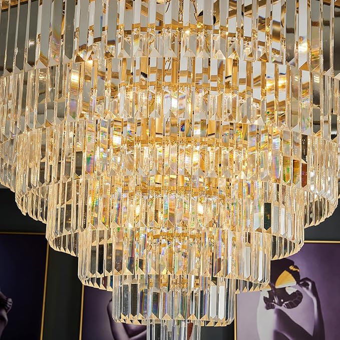 Large Gold Crystal Chandelier 27 Light 7-Tier Modern Luxury Hanging Light Fixture High Ceiling E12 Base Chandelier for Dining Room Living Room 40in