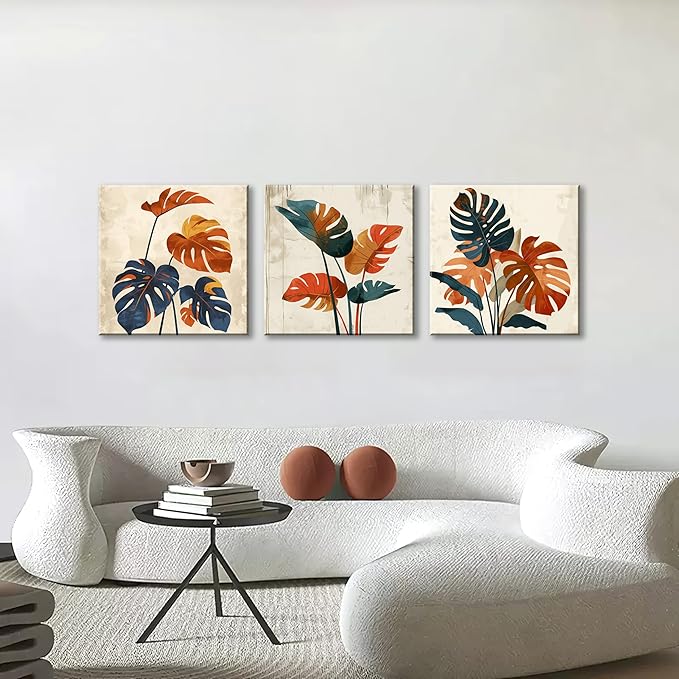 NAN Wind 3Pcs Modern Mid-century Abstract Tropical Monstera Leaf Canvas Art Orange and Blue Botanical Wall Print Minimalist Wall Decor Tropical Leaves Framed Wall Art for Contemporary Home Decor