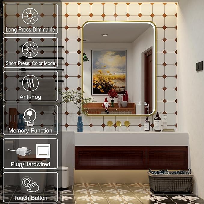 30x36 Inch Gold LED Bathroom Mirror with Lights, Adjustable 300K/4500K/6000K, Wall Mounted Framed Lighted Bathroom Vanity Mirrors, Anti-Fog, Memory, Stepless Dimmable, Horizontal/Vertical