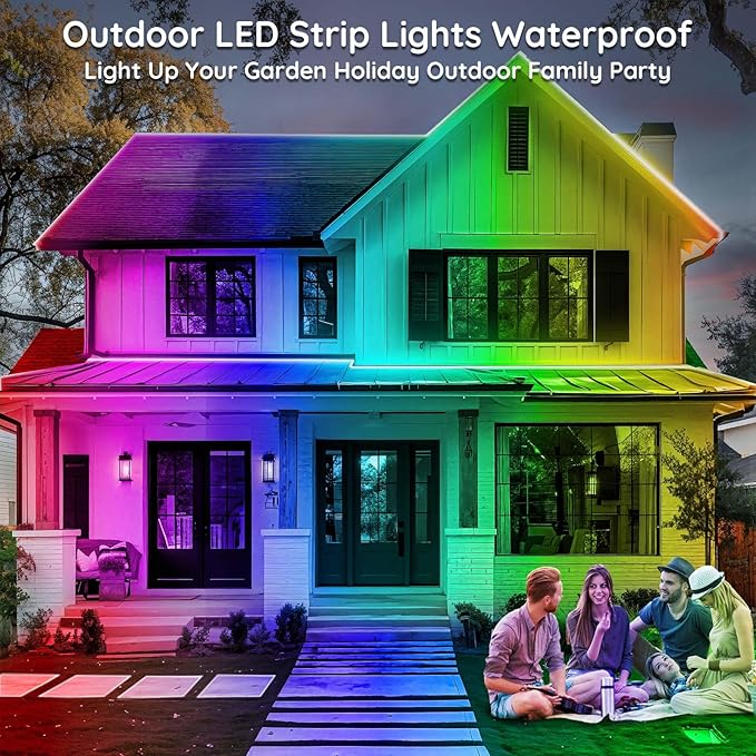 200ft Outdoor LED Strip Lights Waterproof,IP68 Outside Led Light Strips Waterproof with App and Remote,Music Sync RGB Exterior Led Rope Lights with Self Adhesive Back for Roof,Deck