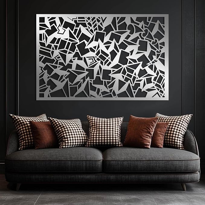 Abstract Geometric Metal Wall Art, Modern Geometric Metal Wall Art, Large Minimalist Geometric Wall Decor, Square Circular Triangle Wall Sculpture for Living Room, Office (Silver, 24"x15"/60x39cm)