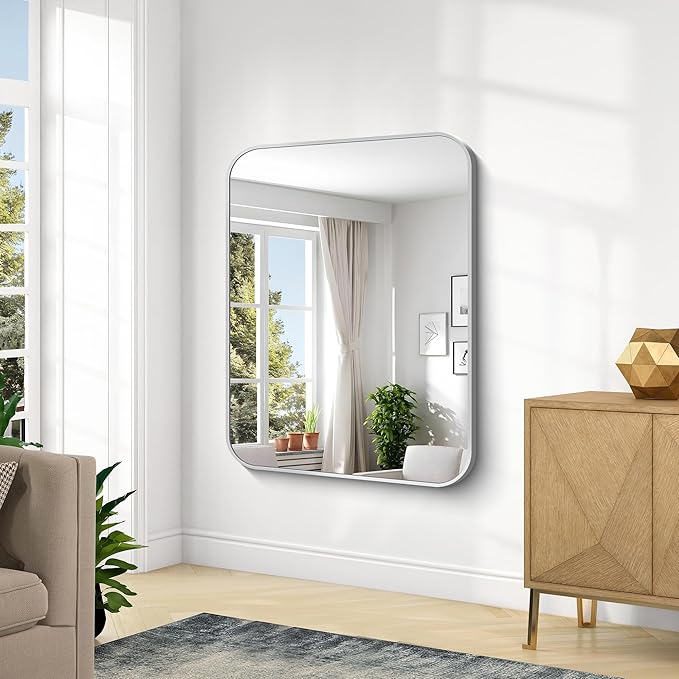 KOCUUY Silver Bathroom Mirror, 48x36 Inch Large Bathroom Mirror for Over Sink, HD Tempered Glass, Anti-Rust Brushed Silver Frame, Rounded Corner Modern Design for Bathroom, Hang Horizontal/Vertical