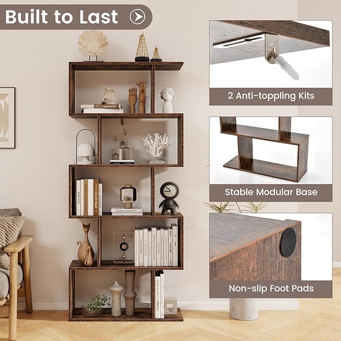 5 Tier Geometric Bookcase, S Shaped Bookshelf, Modern Decorative Storage Shelving, Wooden Room Divider Bookcase, 62.5" Tall Staggered Display Book Shelf for Living Room (1, Rustic Brown)