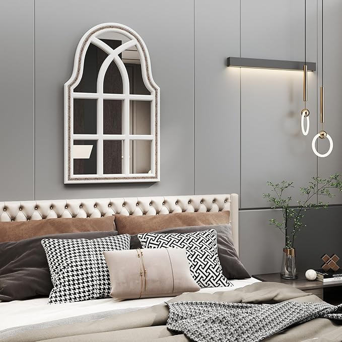 36x22 inches Arched Window Wall Mirrors with Grids, White Farmhouse Wooden Arch Mirror for Dresser, Bedroom, Stairways, Entryway and Living Rooms Decorative