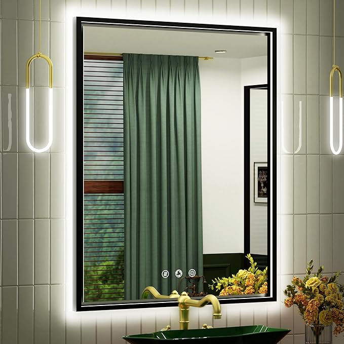 30x36 Inch Black LED Bathroom Mirror with Front and Back Lights, 3000K/4500K/6000K, Wall Mounted Framed Lighted Bathroom Vanity Mirror, Stepless Dimmable, Anti-Fog, Horizontal/Vertical