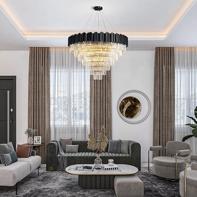 7-Tier 39" Black Chandelier, 21-Light Modern Crystal Chandelier, Luxury Round K9 Crystal Chandeliers Pendant Light Fixture for Dining Room, Living Room, Bedroom, Foyer, Entryway, Kitchen, Restaurant