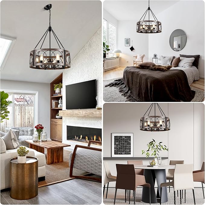 21.6'' Farmhouse Chandelier for Dining Room 6-Light Rustic Chandeliers Metal Black and Wood Grain Finish Drum Light Fixture for Bedroom Living Room Entryway Foyer Kitchen Island Lighting, E26