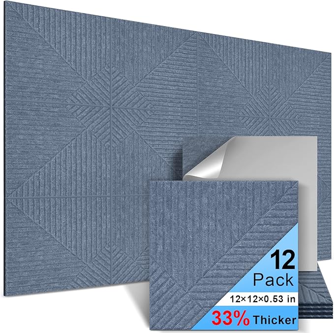 12 Pack Acoustic Wall Panels Self-Adhesive, 12" X 12" X 0.5" Decorative Acoustic Panels, Soundproof Wall Panels for Studio, Home & Living Room, Polyester - Three Zone Cement Gray