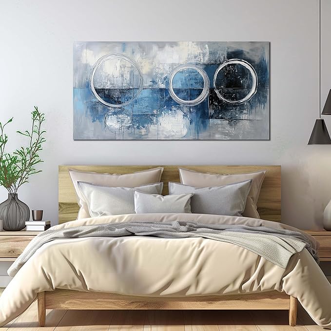 AOZEMI Blue Wall Decor for Living Room Office Abstract Canvas Wall Art Large Modern Picture Artwork Grey and White Circle Art 29" x 59"