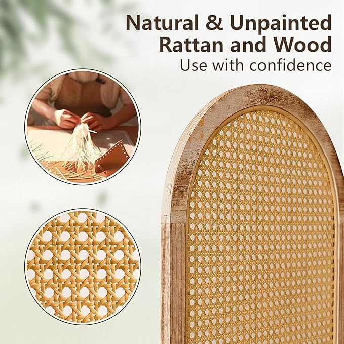 4 Panels Room Dividers and Hand-Woven Rattan Room Divider Wall, Wood Room Divider Folding Privacy Screens for Home Office Bedroom, Light Brown