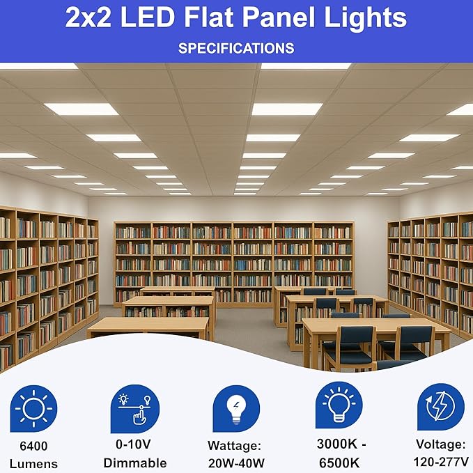 2×2 LED Flat Panel Light 4-Pack – Dimmable, Selectable CCT (3000-6500K), 0-10V & TRIAC Compatible, UL/ETL, 4400 LM, Drop Ceiling Recessed Panels for Office & Classroom
